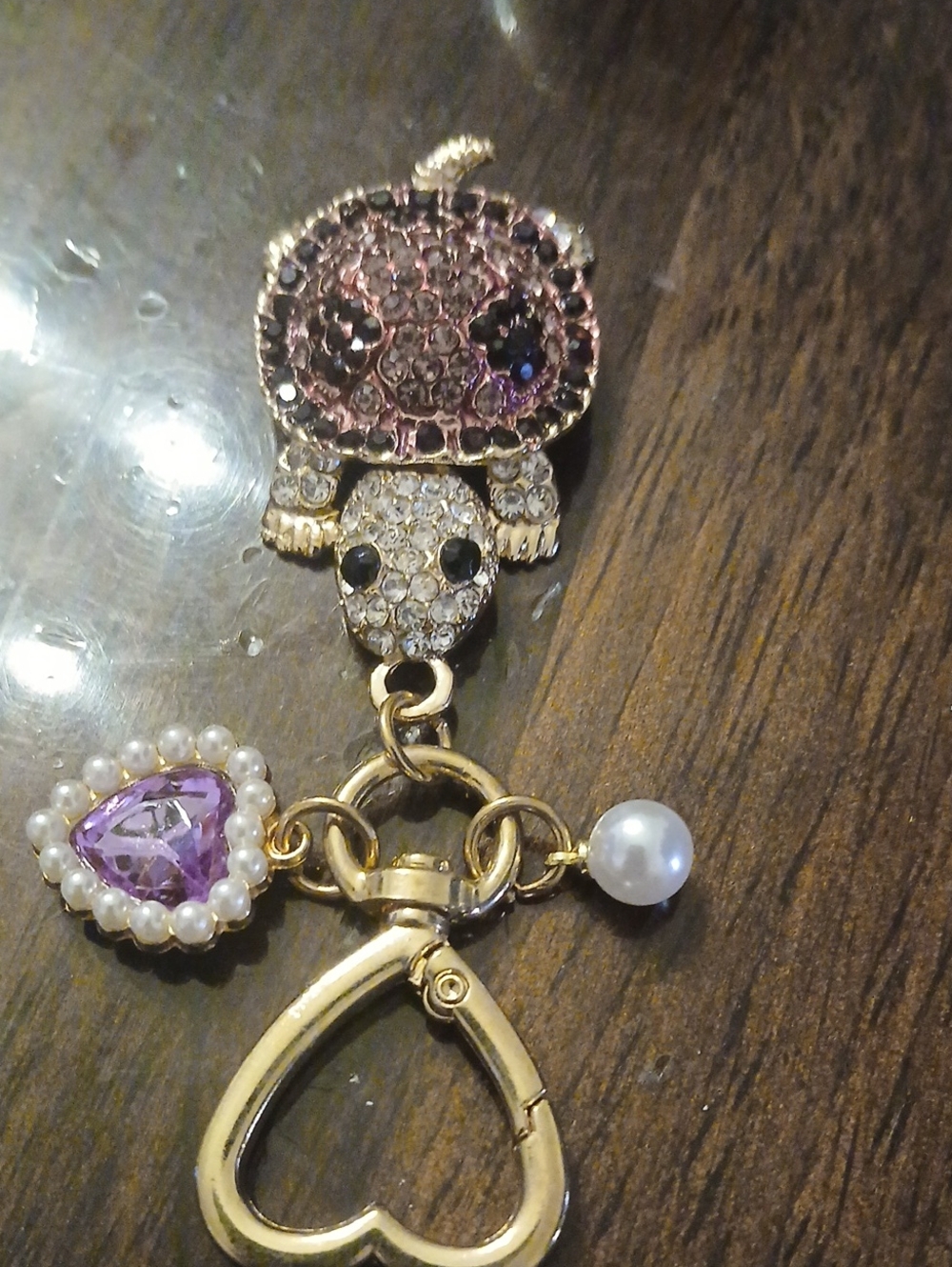 Gold-Tone Purple Crystal Turtle Keychain Charm with Pearl Accent